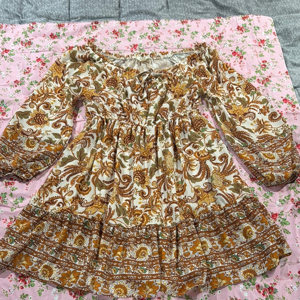 Brown and Gold Smocked Off-Shoulder Maxi Dress